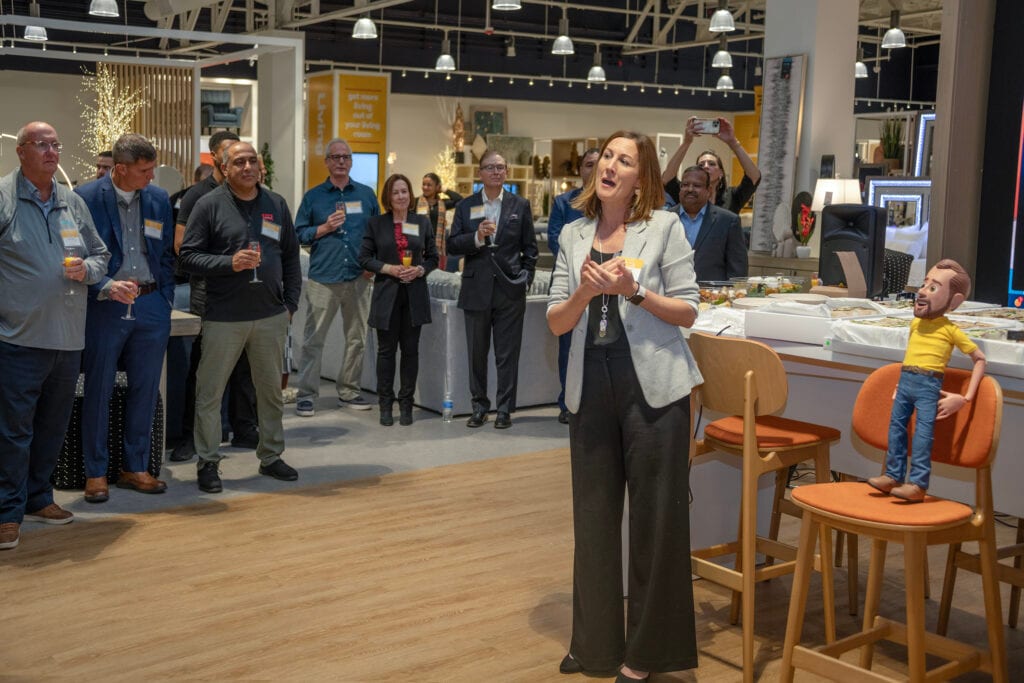 Bob’s was honored to welcome stakeholders and community guests to their exclusive VIP Sneak Peek event on Oct. 18th. Felicity Beal, Director of Development, Greater Somerville Homeless Coalition addresses the crowd. The Greater Somerville Homeless Coalition is Bob’s first charitable partner in Somerville.