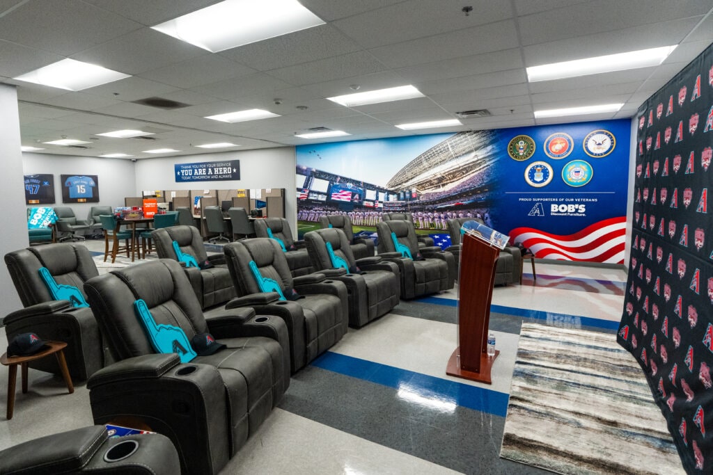 PHOENIX, AZ — AUGUST 21: The Arizona Diamondbacks Foundation and Bob’s Discount Furniture surprise veterans with a newly renovated community space at Catholic Charities’ MANA House on August 21, 2025 in Phoenix, Arizona. (Photo by Kelsey Grant/Arizona Diamondbacks)