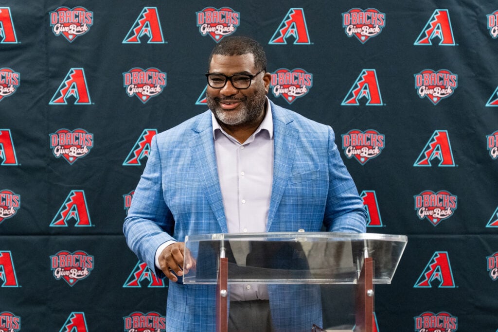 The Arizona Diamondbacks Foundation and Bob’s Discount Furniture surprise veterans with a newly renovated community space at Catholic Charities’ MANA House on August 21, 2025 in Phoenix, Arizona. Pictured is Kevin Parker, Divisional Vice President, Bob's Discount Furniture. (Photo by Kelsey Grant/Arizona Diamondbacks)