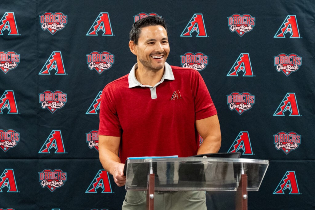 The Arizona Diamondbacks Foundation and Bob’s Discount Furniture surprise veterans with a newly renovated community space at Catholic Charities’ MANA House on August 21, 2025 in Phoenix, Arizona. Pictured is Caleb Jay, Vice President and General Counsel for the Arizona Diamondbacks. (Photo by Kelsey Grant/Arizona Diamondbacks)